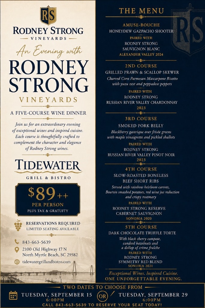 An Evening with Rodney Strong Vineyards — five-course wine dinner flyer